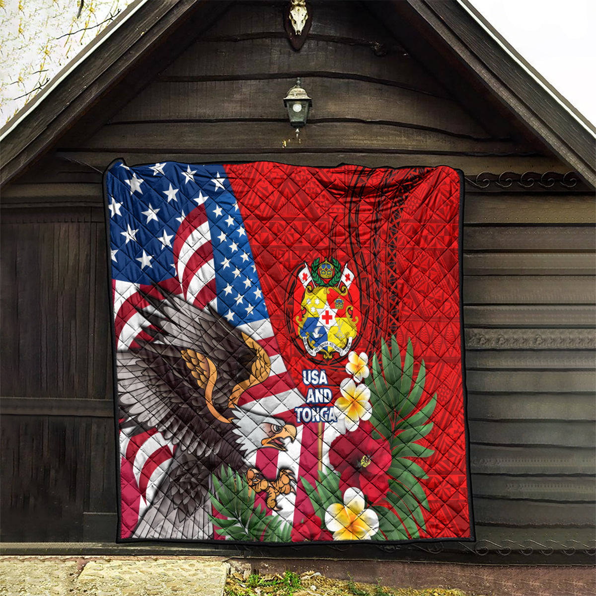 United States And Tonga Quilt USA Flag Eagle Mix Tongan Coat Of Arms Ngatu Pattern LT14 - Polynesian Pride
