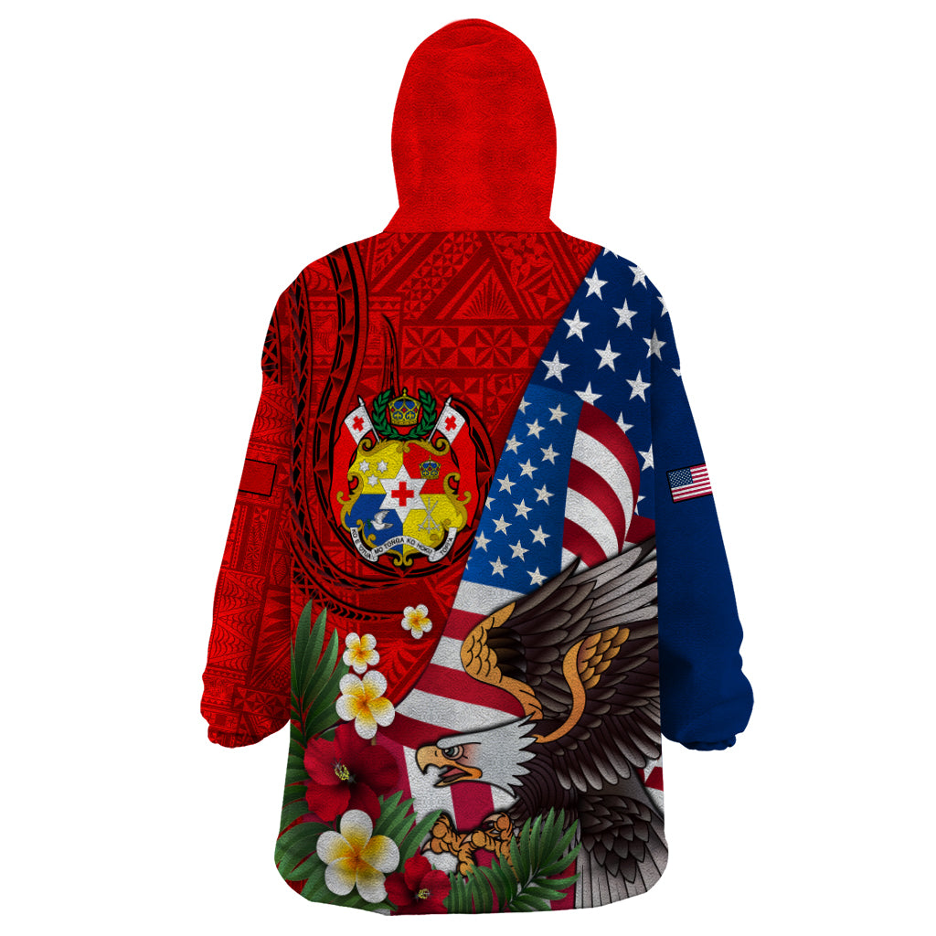 United States And Tonga Wearable Blanket Hoodie USA Flag Eagle Mix Tongan Coat Of Arms Ngatu Pattern LT14 - Polynesian Pride
