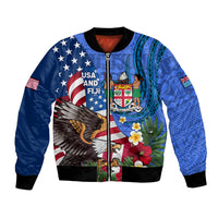 United States And Fiji Bomber Jacket USA Flag Eagle Mix Fijian Coat Of Arms Tapa Pattern LT14 Unisex Blue - Polynesian Pride