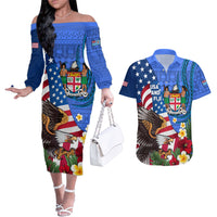 United States And Fiji Couples Matching Off The Shoulder Long Sleeve Dress and Hawaiian Shirt USA Flag Eagle Mix Fijian Coat Of Arms Tapa Pattern LT14 Blue - Polynesian Pride