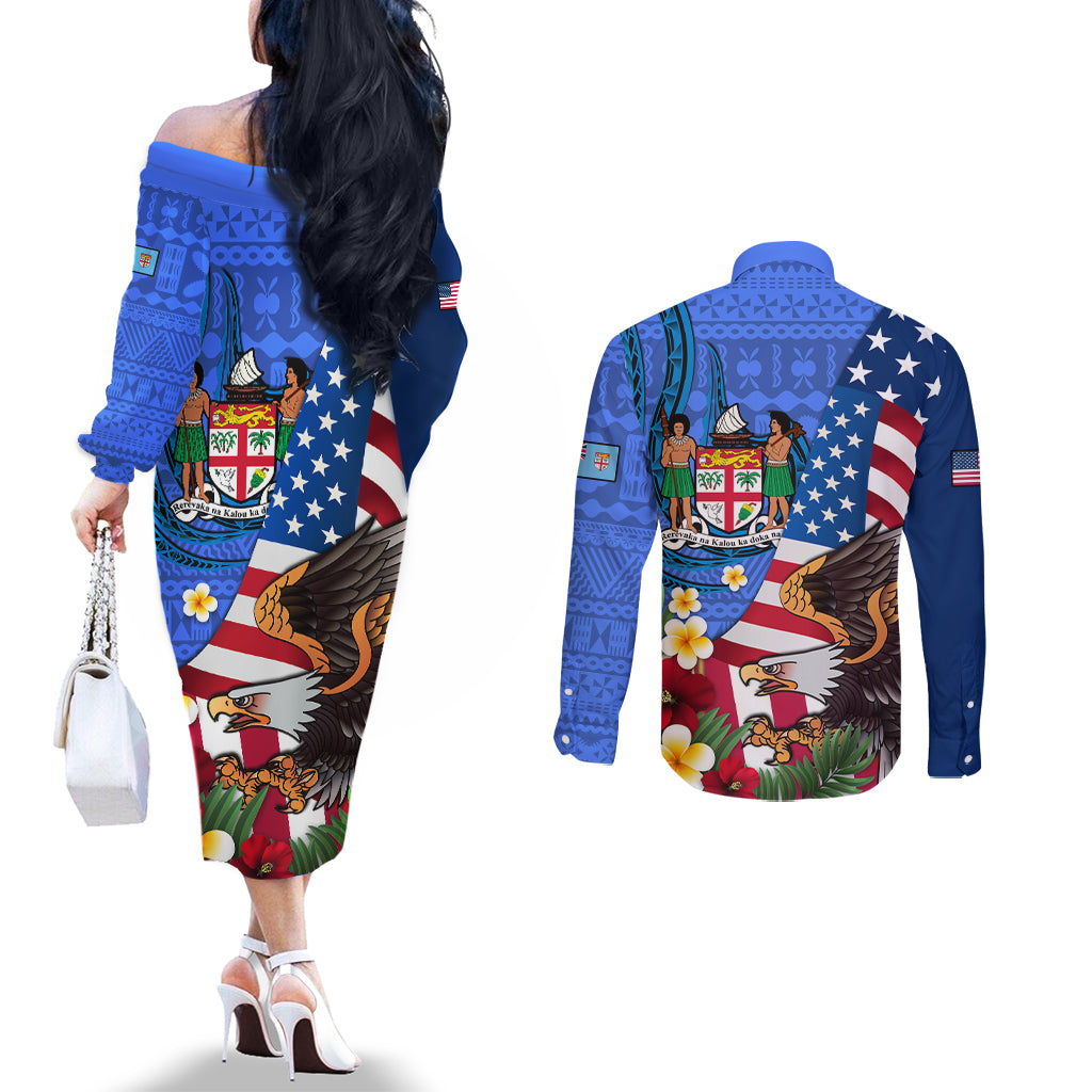 United States And Fiji Couples Matching Off The Shoulder Long Sleeve Dress and Long Sleeve Button Shirt USA Flag Eagle Mix Fijian Coat Of Arms Tapa Pattern LT14 - Polynesian Pride