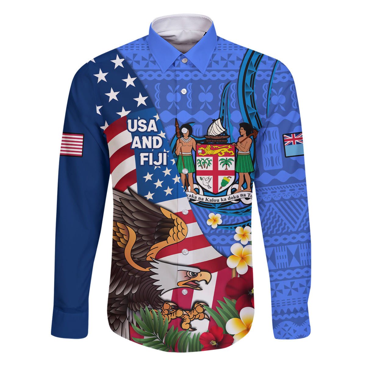 United States And Fiji Family Matching Mermaid Dress and Hawaiian Shirt USA Flag Eagle Mix Fijian Coat Of Arms Tapa Pattern LT14 Dad's Shirt - Long Sleeve Blue - Polynesian Pride