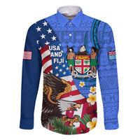 United States And Fiji Family Matching Off Shoulder Long Sleeve Dress and Hawaiian Shirt USA Flag Eagle Mix Fijian Coat Of Arms Tapa Pattern LT14 Dad's Shirt - Long Sleeve Blue - Polynesian Pride
