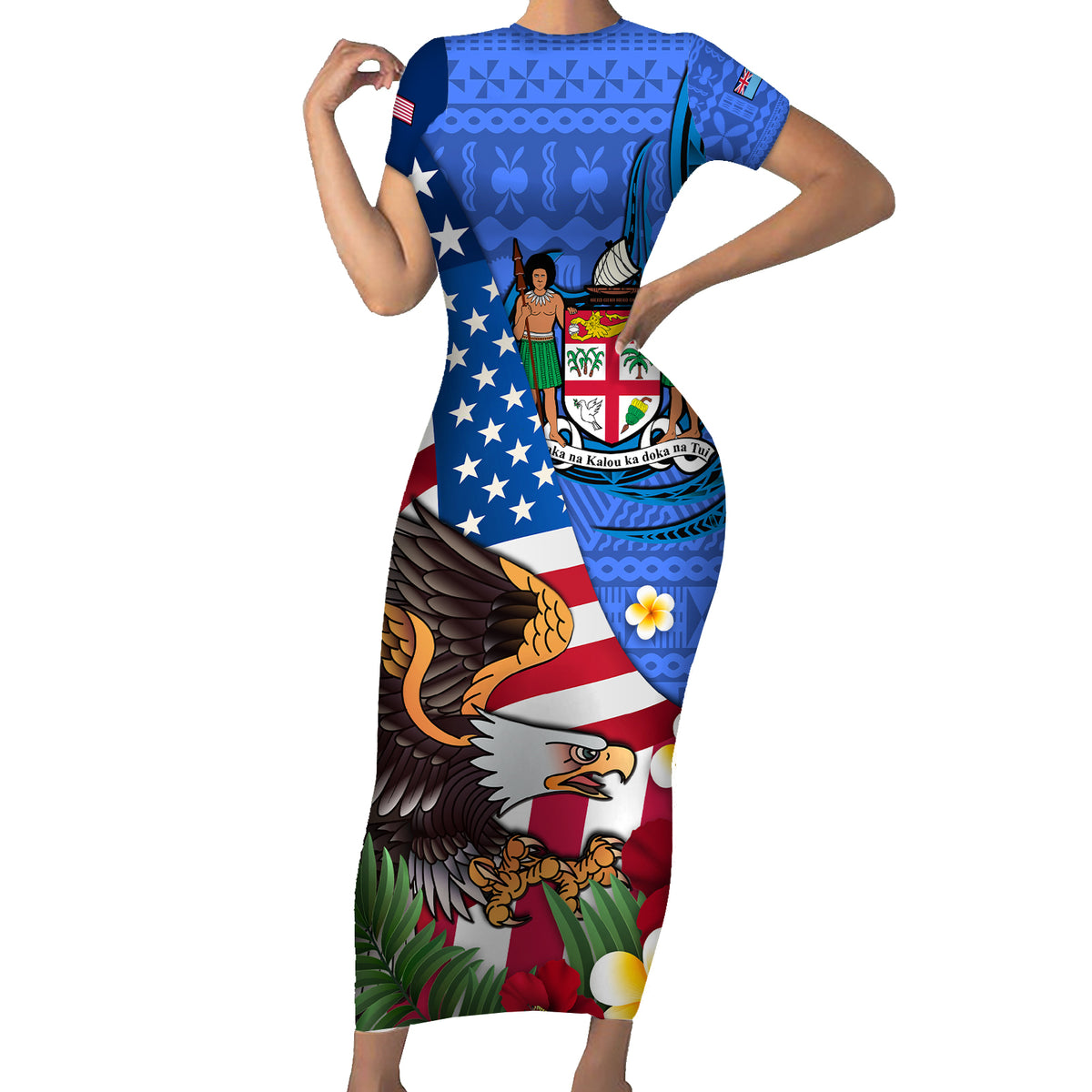 United States And Fiji Family Matching Short Sleeve Bodycon Dress and Hawaiian Shirt USA Flag Eagle Mix Fijian Coat Of Arms Tapa Pattern LT14 Mom's Dress Blue - Polynesian Pride