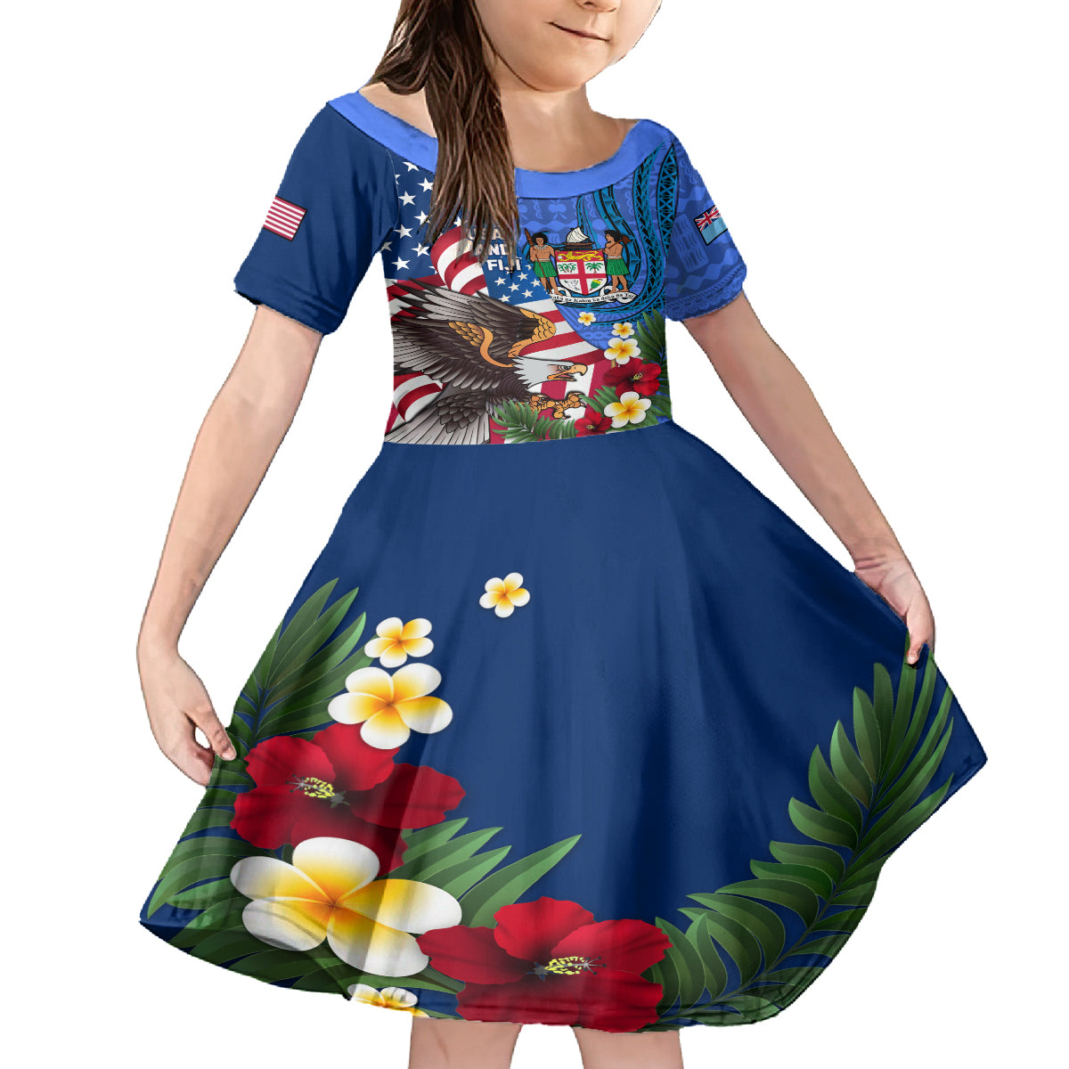 United States And Fiji Family Matching Tank Maxi Dress and Hawaiian Shirt USA Flag Eagle Mix Fijian Coat Of Arms Tapa Pattern LT14 Daughter's Dress Blue - Polynesian Pride