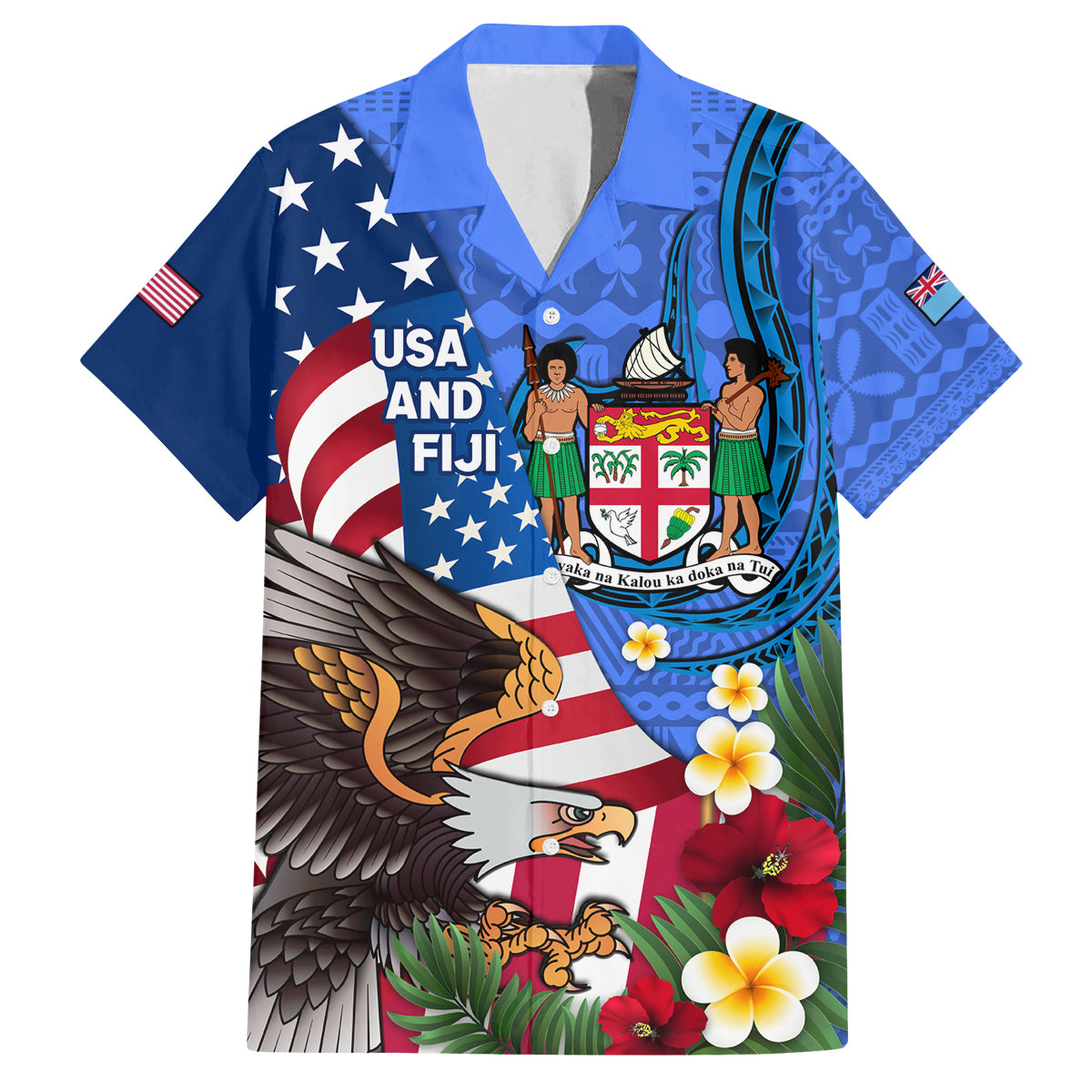 United States And Fiji Family Matching Tank Maxi Dress and Hawaiian Shirt USA Flag Eagle Mix Fijian Coat Of Arms Tapa Pattern LT14 Dad's Shirt - Short Sleeve Blue - Polynesian Pride