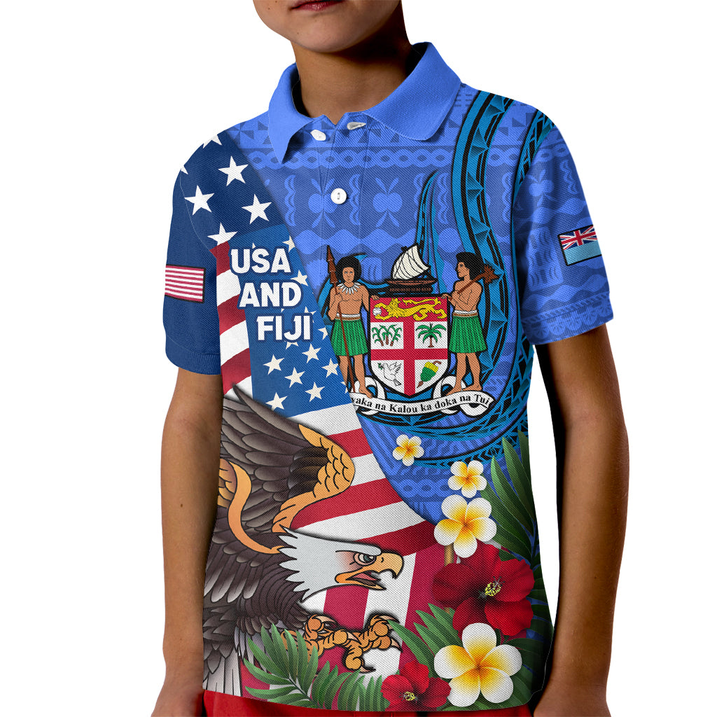United States And Fiji Kid Polo Shirt USA Flag Eagle Mix Fijian Coat Of Arms Tapa Pattern LT14 Kid Blue - Polynesian Pride