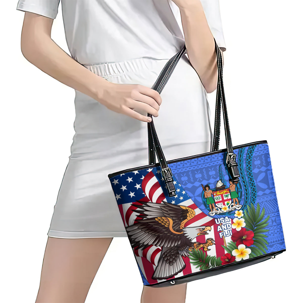 United States And Fiji Leather Tote Bag USA Flag Eagle Mix Fijian Coat Of Arms Tapa Pattern LT14 - Polynesian Pride