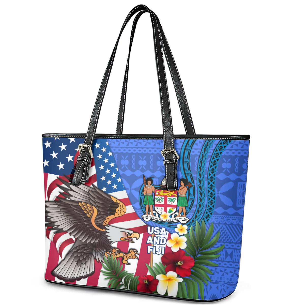 United States And Fiji Leather Tote Bag USA Flag Eagle Mix Fijian Coat Of Arms Tapa Pattern LT14 - Polynesian Pride