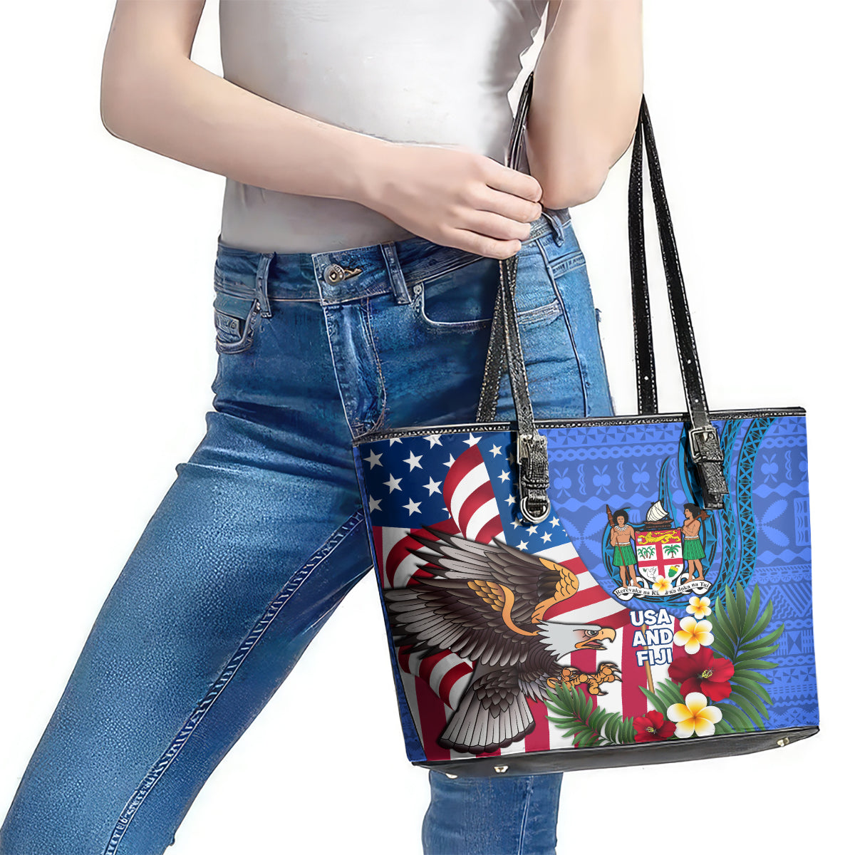 United States And Fiji Leather Tote Bag USA Flag Eagle Mix Fijian Coat Of Arms Tapa Pattern LT14 - Polynesian Pride