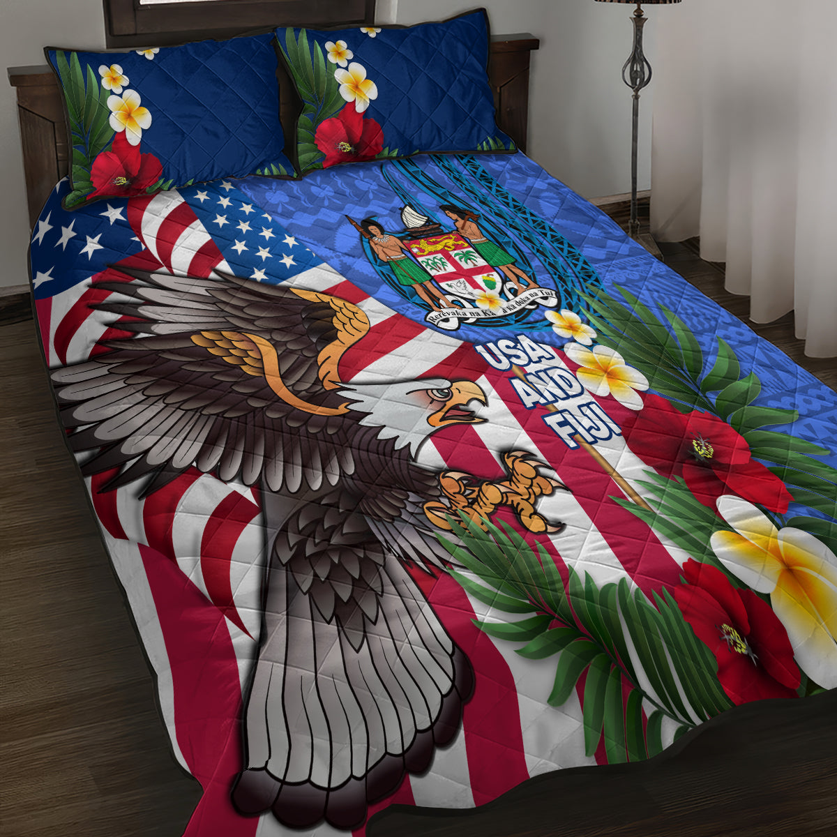 United States And Fiji Quilt Bed Set USA Flag Eagle Mix Fijian Coat Of Arms Tapa Pattern LT14 - Polynesian Pride