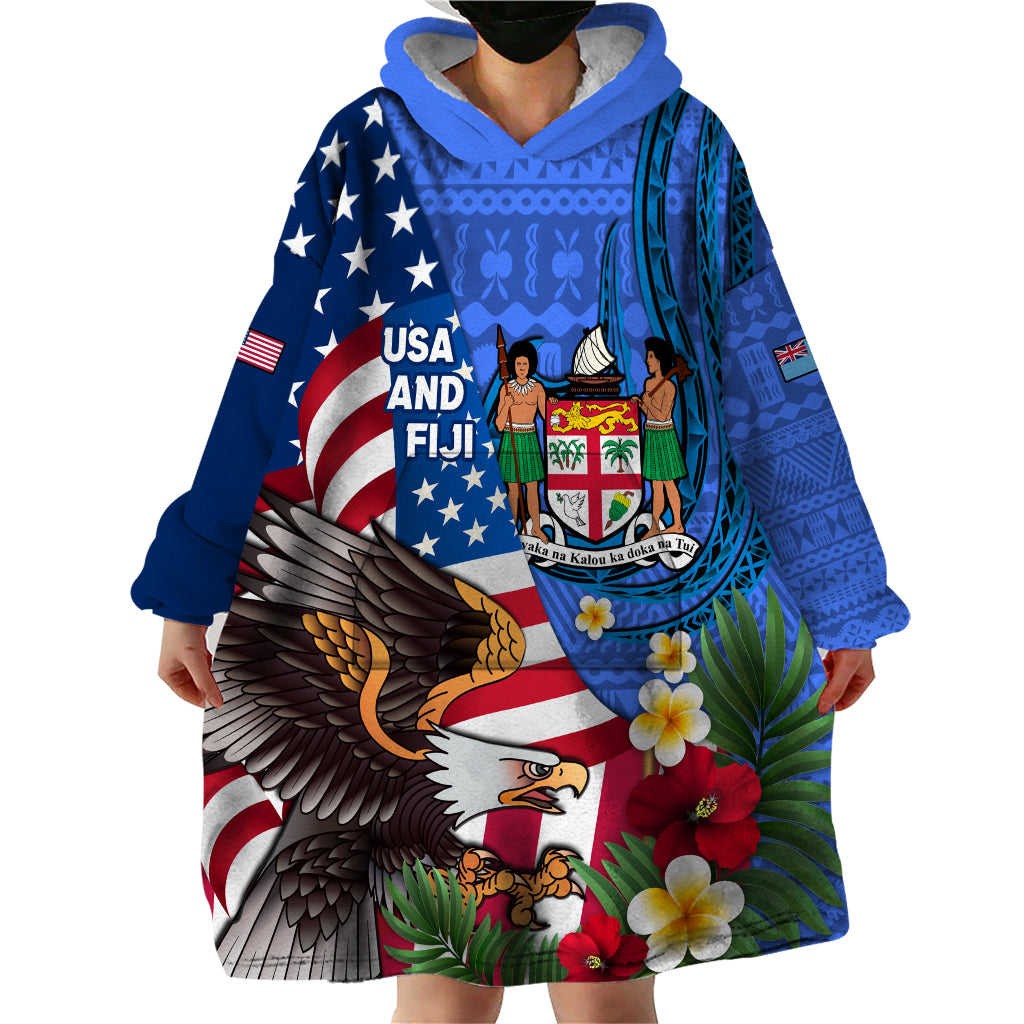 United States And Fiji Wearable Blanket Hoodie USA Flag Eagle Mix Fijian Coat Of Arms Tapa Pattern LT14 - Polynesian Pride