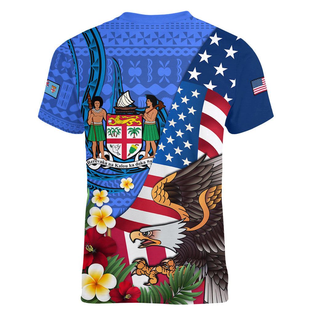 United States And Fiji Women V Neck T Shirt USA Flag Eagle Mix Fijian Coat Of Arms Tapa Pattern LT14 - Polynesian Pride