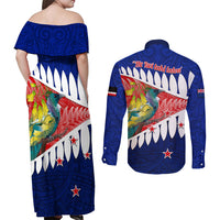 New Zealand Waitangi Day Couples Matching Off Shoulder Maxi Dress and Long Sleeve Button Shirt NZ Maori Tui Bird With Kowhai Flowers LT14 - Polynesian Pride
