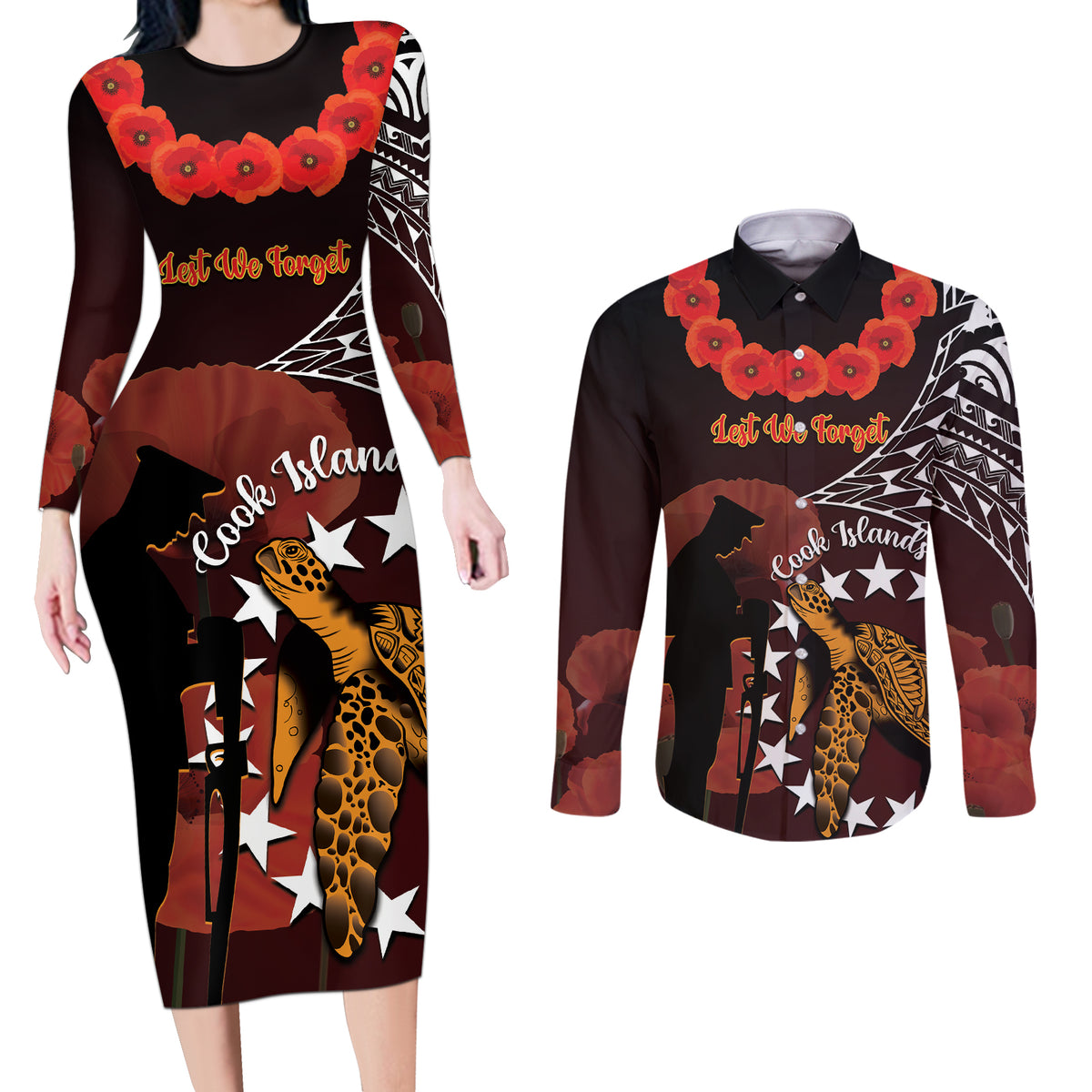 Cook Islands ANZAC Day Couples Matching Long Sleeve Bodycon Dress and Long Sleeve Button Shirt Poppies With Sea Turtle LT14 Red - Polynesian Pride