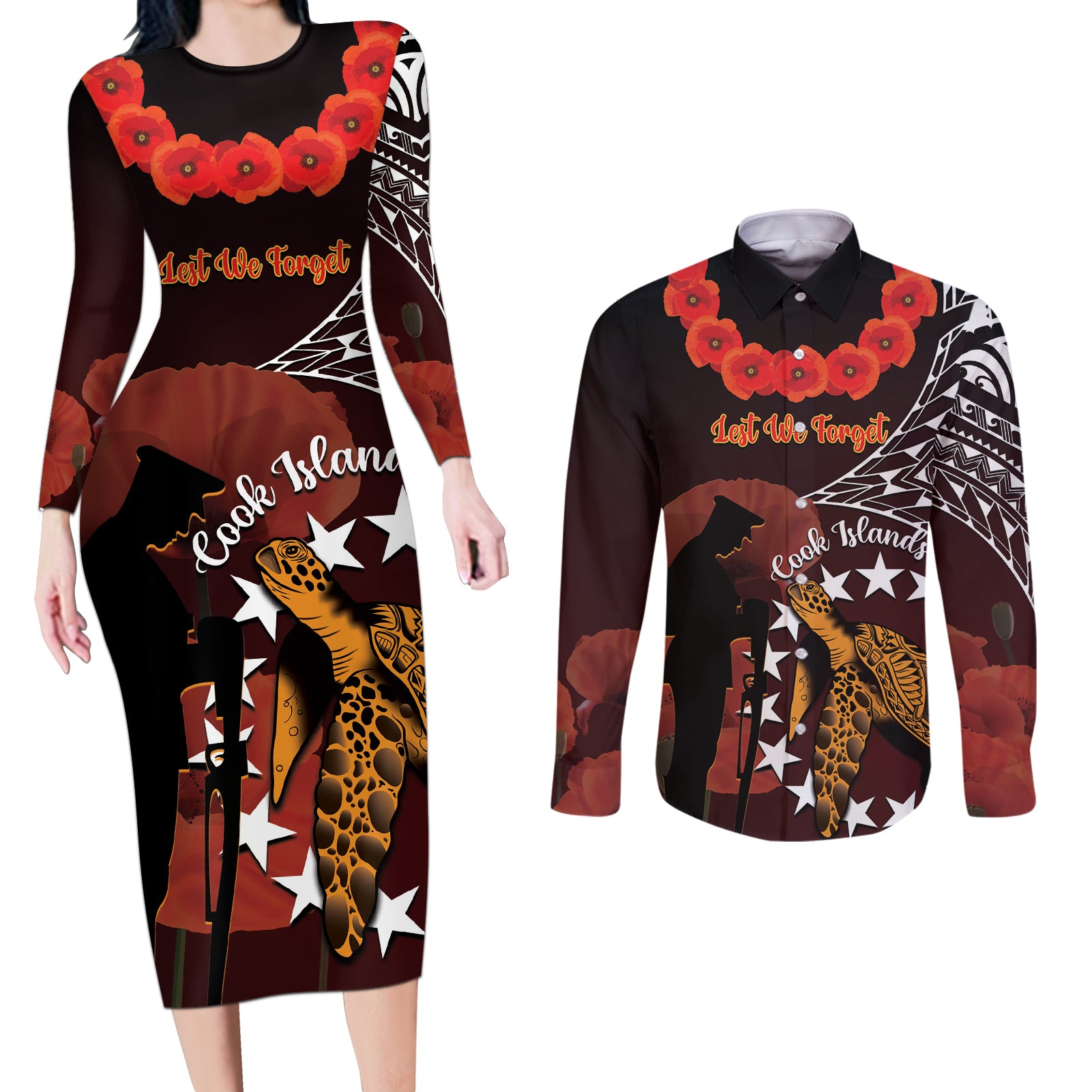 Cook Islands ANZAC Day Couples Matching Long Sleeve Bodycon Dress and Long Sleeve Button Shirt Poppies With Sea Turtle LT14 Red - Polynesian Pride