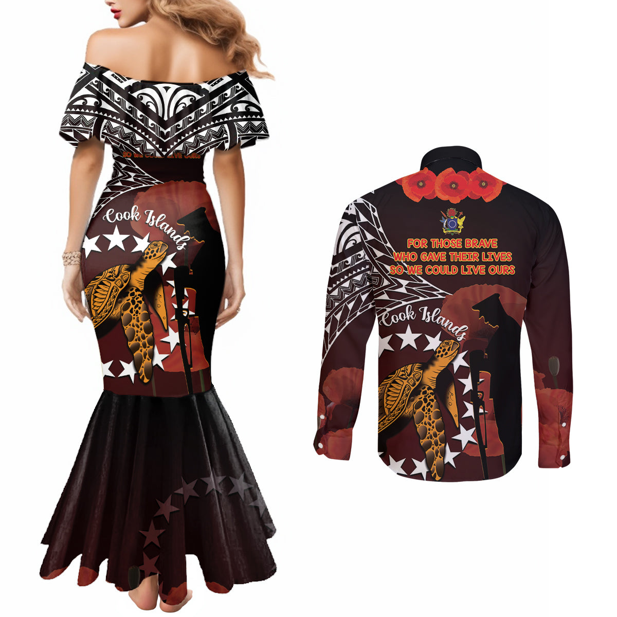 Cook Islands ANZAC Day Couples Matching Mermaid Dress and Long Sleeve Button Shirt Poppies With Sea Turtle LT14 - Polynesian Pride