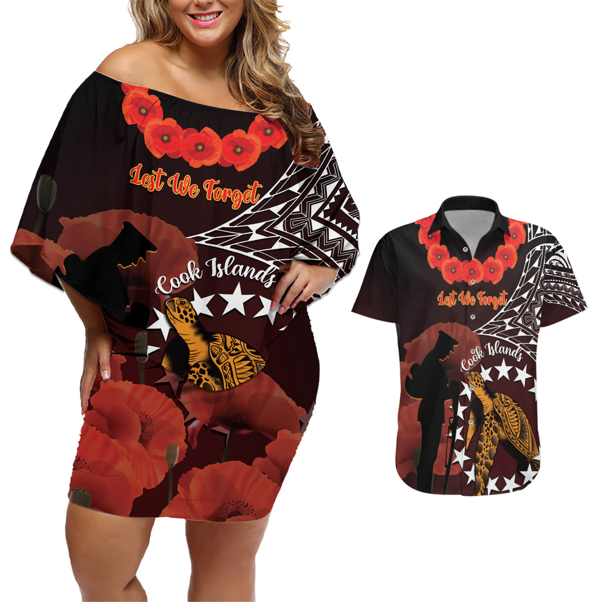 Cook Islands ANZAC Day Couples Matching Off Shoulder Short Dress and Hawaiian Shirt Poppies With Sea Turtle LT14 Red - Polynesian Pride