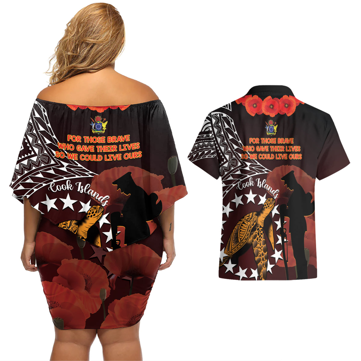 Cook Islands ANZAC Day Couples Matching Off Shoulder Short Dress and Hawaiian Shirt Poppies With Sea Turtle LT14 - Polynesian Pride