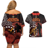 Cook Islands ANZAC Day Couples Matching Off Shoulder Short Dress and Hawaiian Shirt Poppies With Sea Turtle LT14 - Polynesian Pride