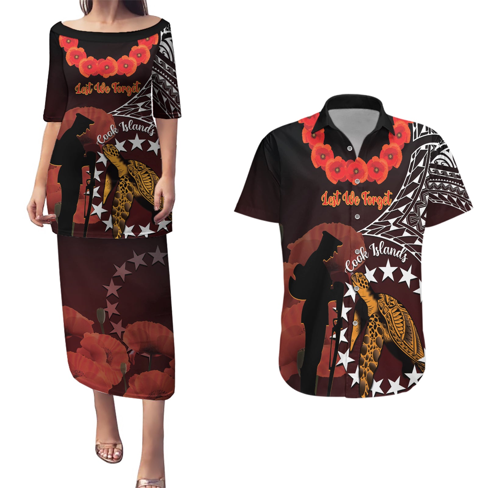 Cook Islands ANZAC Day Couples Matching Puletasi and Hawaiian Shirt Poppies With Sea Turtle LT14 Red - Polynesian Pride