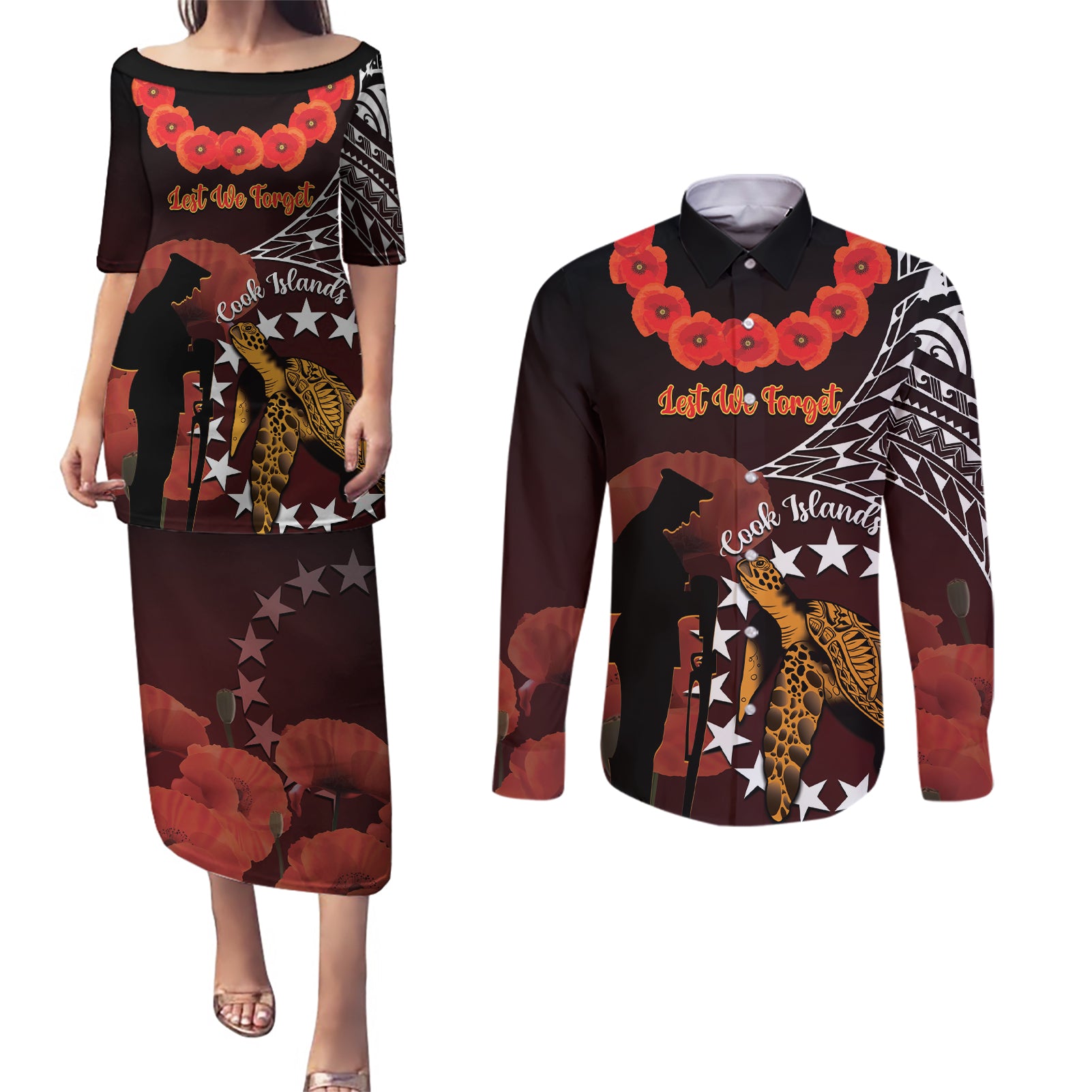 Cook Islands ANZAC Day Couples Matching Puletasi and Long Sleeve Button Shirt Poppies With Sea Turtle LT14 Red - Polynesian Pride