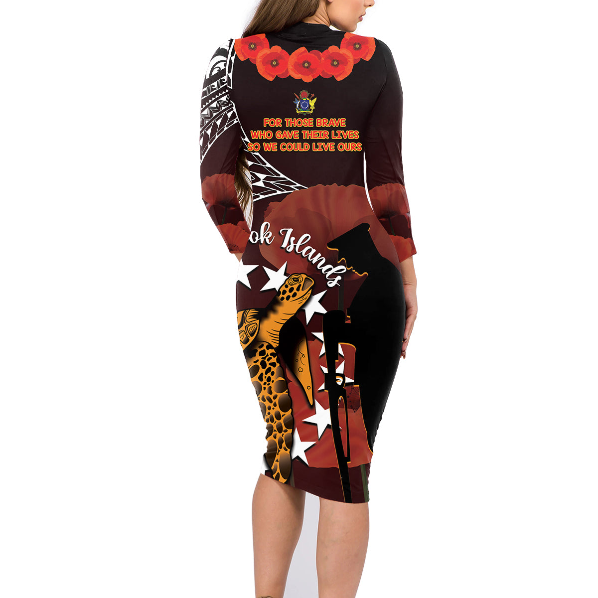 Cook Islands ANZAC Day Family Matching Long Sleeve Bodycon Dress and Hawaiian Shirt Poppies With Sea Turtle LT14 - Polynesian Pride