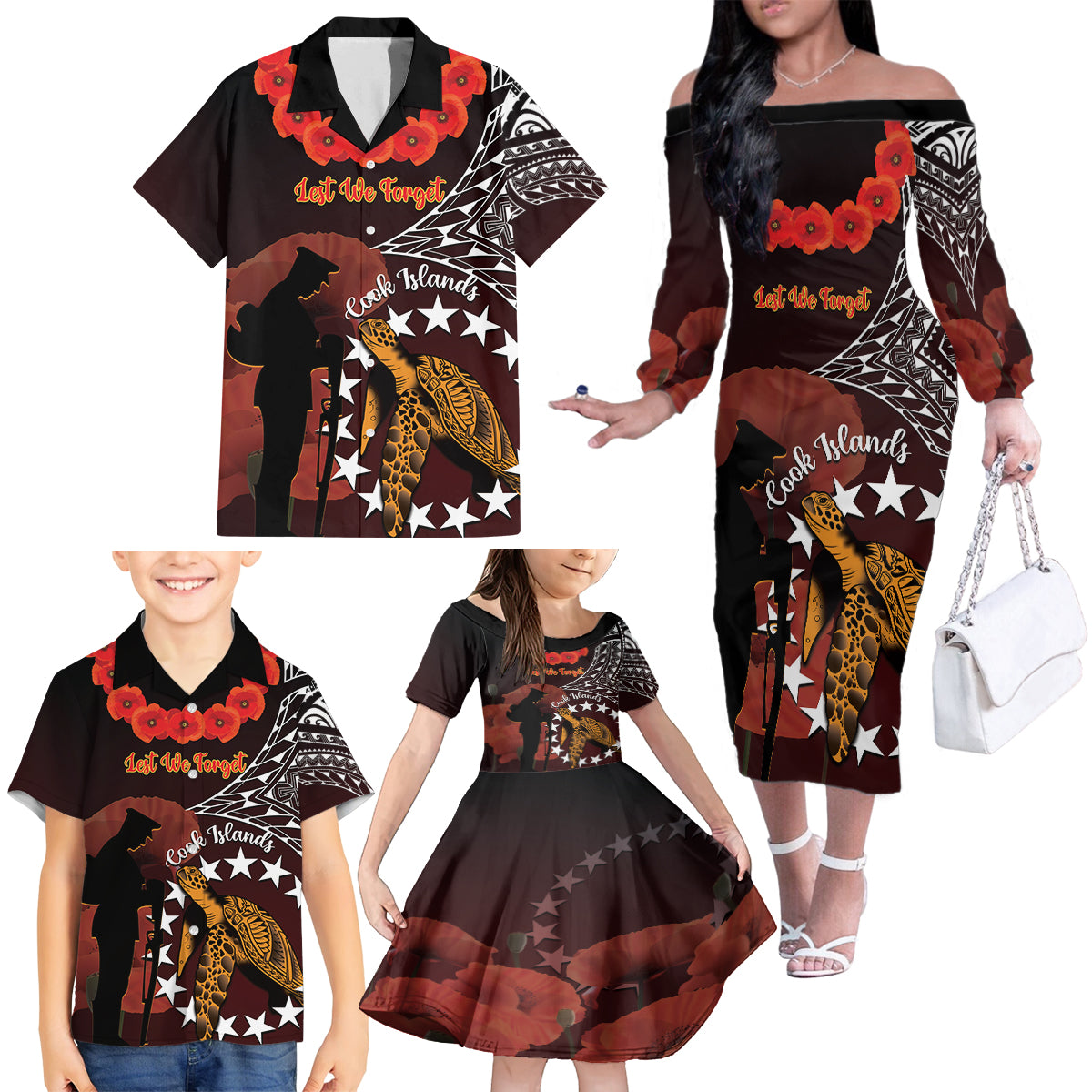 Cook Islands ANZAC Day Family Matching Off Shoulder Long Sleeve Dress and Hawaiian Shirt Poppies With Sea Turtle LT14 - Polynesian Pride