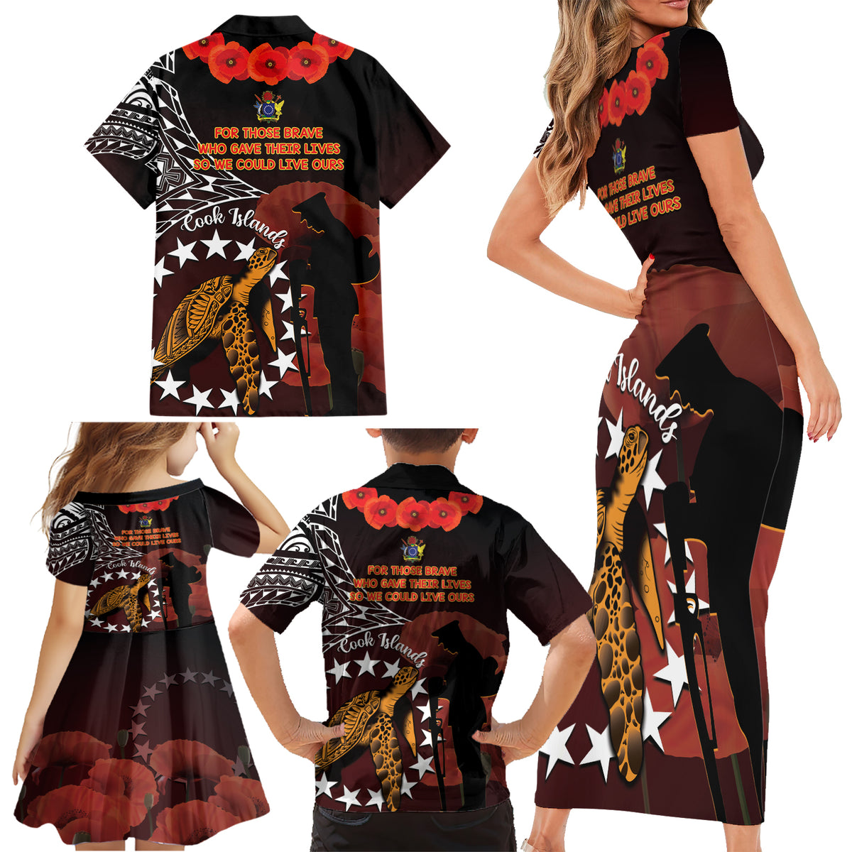Cook Islands ANZAC Day Family Matching Short Sleeve Bodycon Dress and Hawaiian Shirt Poppies With Sea Turtle LT14 - Polynesian Pride