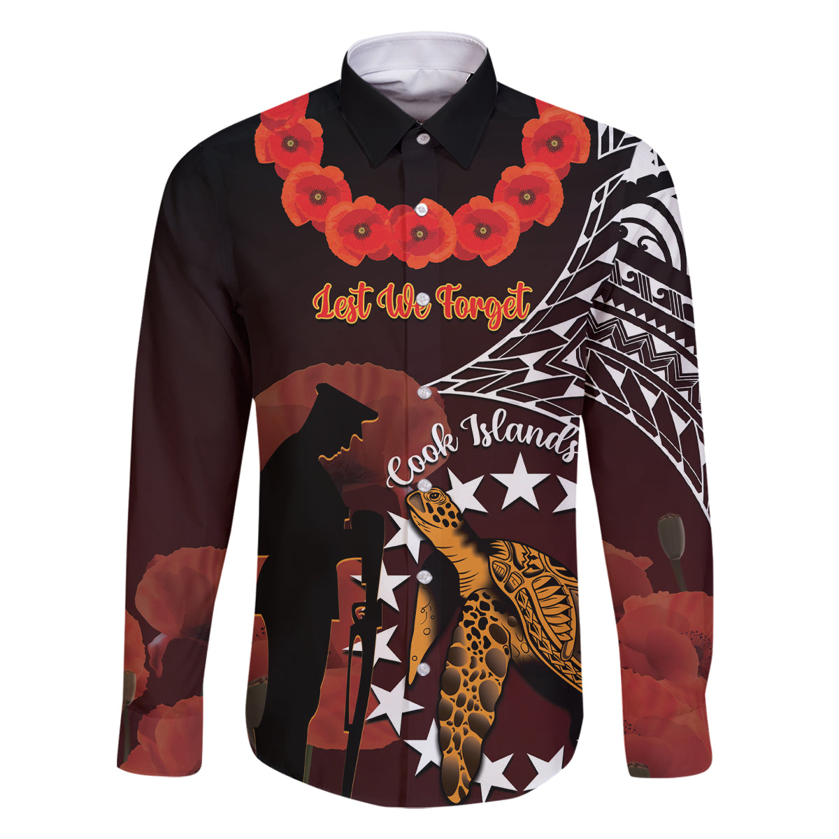 Cook Islands ANZAC Day Family Matching Summer Maxi Dress and Hawaiian Shirt Poppies With Sea Turtle LT14 Dad's Shirt - Long Sleeve Red - Polynesian Pride