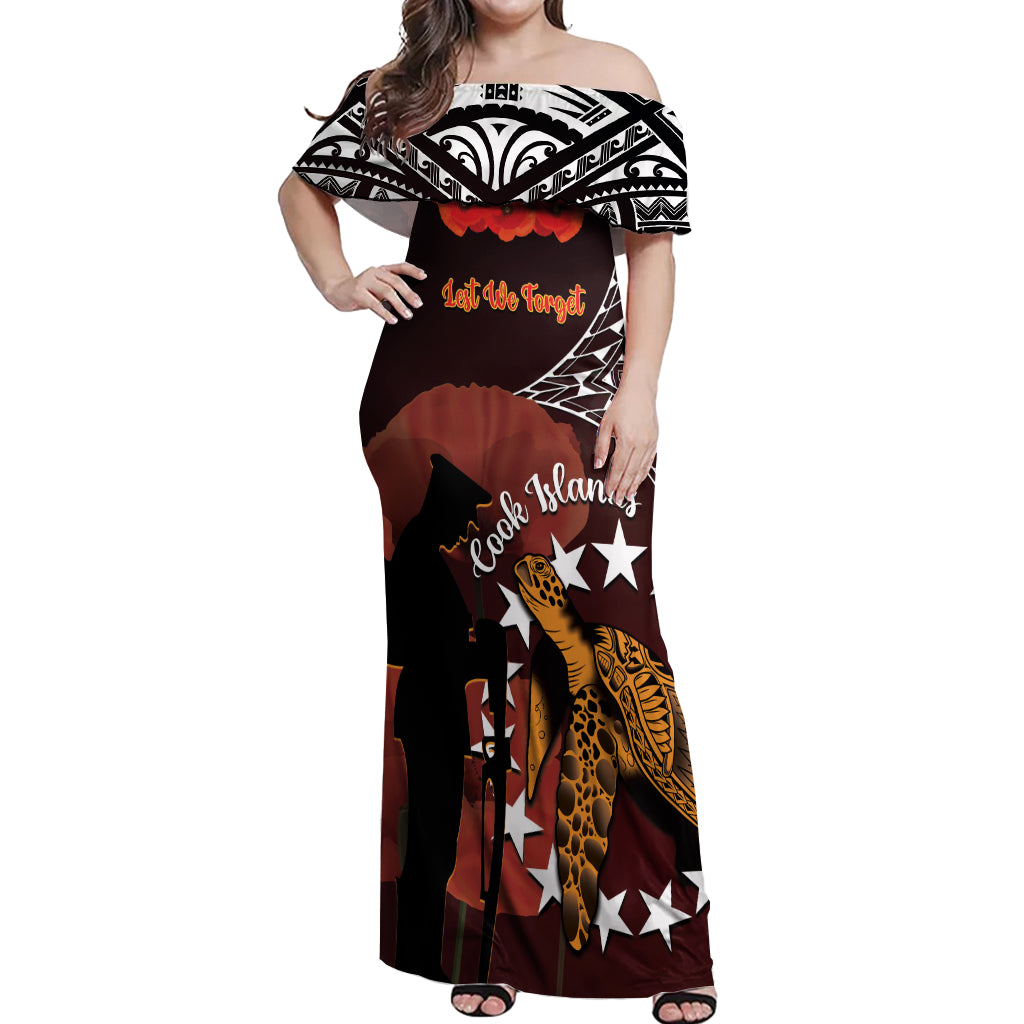 Cook Islands ANZAC Day Off Shoulder Maxi Dress Poppies With Sea Turtle LT14 Women Red - Polynesian Pride