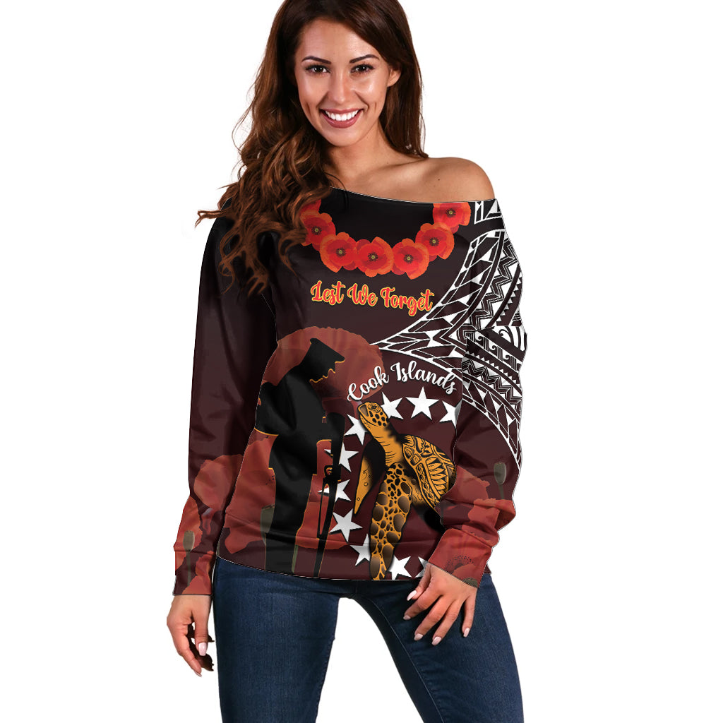 Cook Islands ANZAC Day Off Shoulder Sweater Poppies With Sea Turtle LT14 Women Red - Polynesian Pride