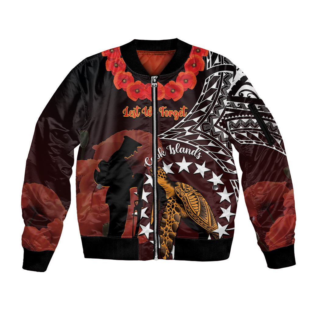 Cook Islands ANZAC Day Sleeve Zip Bomber Jacket Poppies With Sea Turtle LT14 Unisex Red - Polynesian Pride
