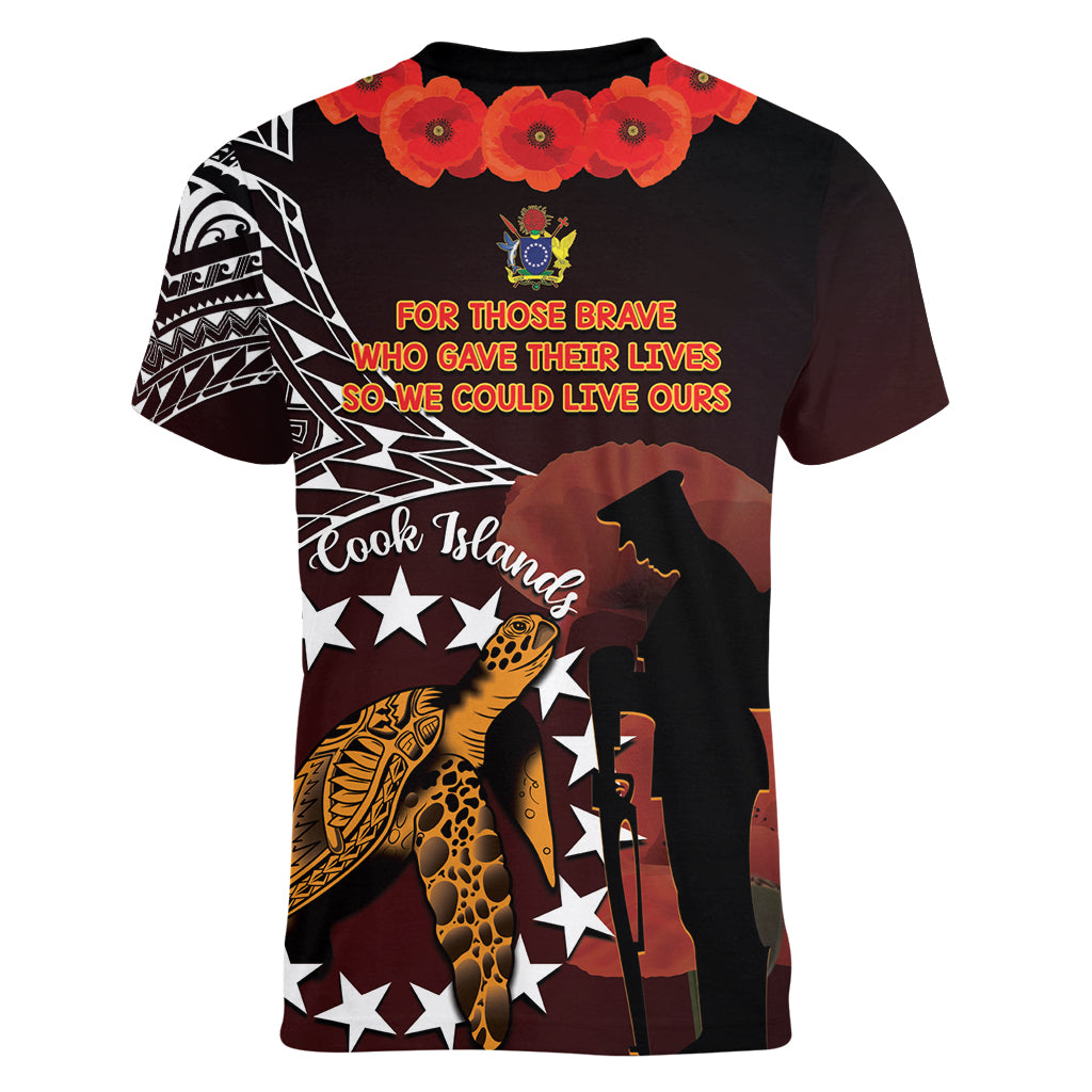 Cook Islands ANZAC Day Women V Neck T Shirt Poppies With Sea Turtle LT14 - Polynesian Pride