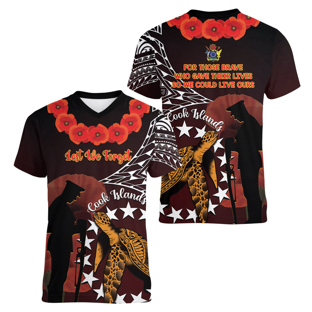Cook Islands ANZAC Day Women V Neck T Shirt Poppies With Sea Turtle LT14 - Polynesian Pride