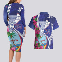 Biba Guam Liberation Day Couples Matching Long Sleeve Bodycon Dress and Hawaiian Shirt Tano y Chamoru Latte Stone Blue