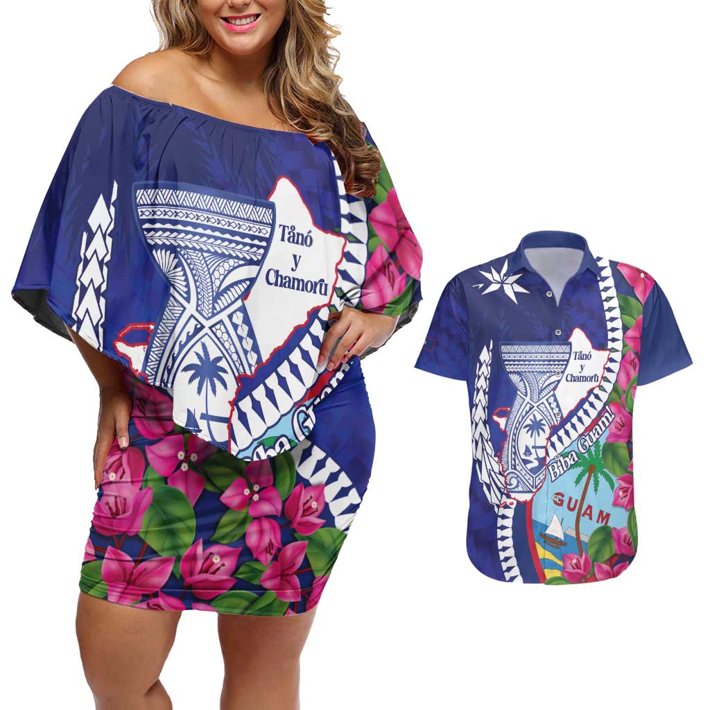 Biba Guam Liberation Day Couples Matching Off Shoulder Short Dress and Hawaiian Shirt Tano y Chamoru Latte Stone Blue