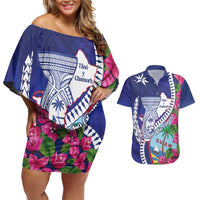 Biba Guam Liberation Day Couples Matching Off Shoulder Short Dress and Hawaiian Shirt Tano y Chamoru Latte Stone Blue