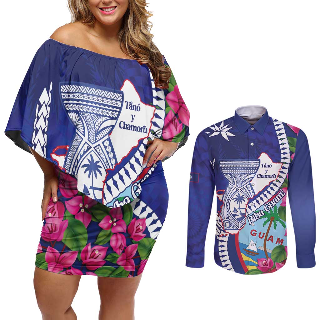 Biba Guam Liberation Day Couples Matching Off Shoulder Short Dress and Long Sleeve Button Shirt Tano y Chamoru Latte Stone Blue