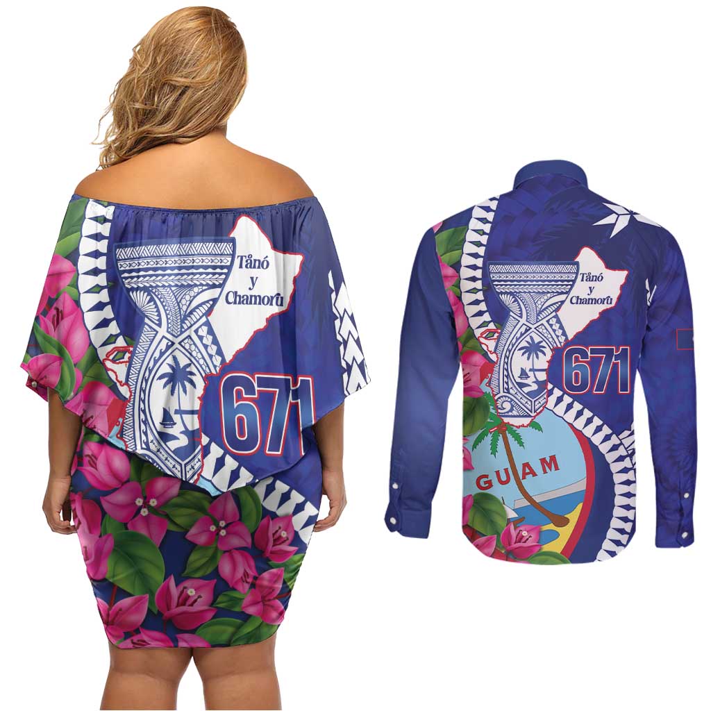 Biba Guam Liberation Day Couples Matching Off Shoulder Short Dress and Long Sleeve Button Shirt Tano y Chamoru Latte Stone Blue