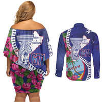 Biba Guam Liberation Day Couples Matching Off Shoulder Short Dress and Long Sleeve Button Shirt Tano y Chamoru Latte Stone Blue