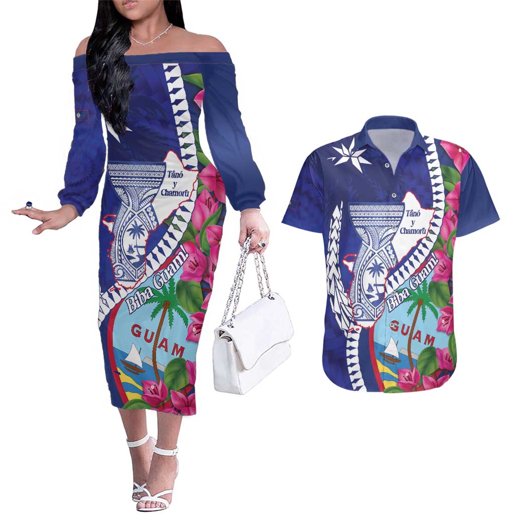 Biba Guam Liberation Day Couples Matching Off The Shoulder Long Sleeve Dress and Hawaiian Shirt Tano y Chamoru Latte Stone Blue