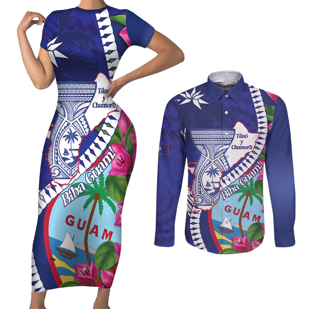 Biba Guam Liberation Day Couples Matching Short Sleeve Bodycon Dress and Long Sleeve Button Shirt Tano y Chamoru Latte Stone Blue