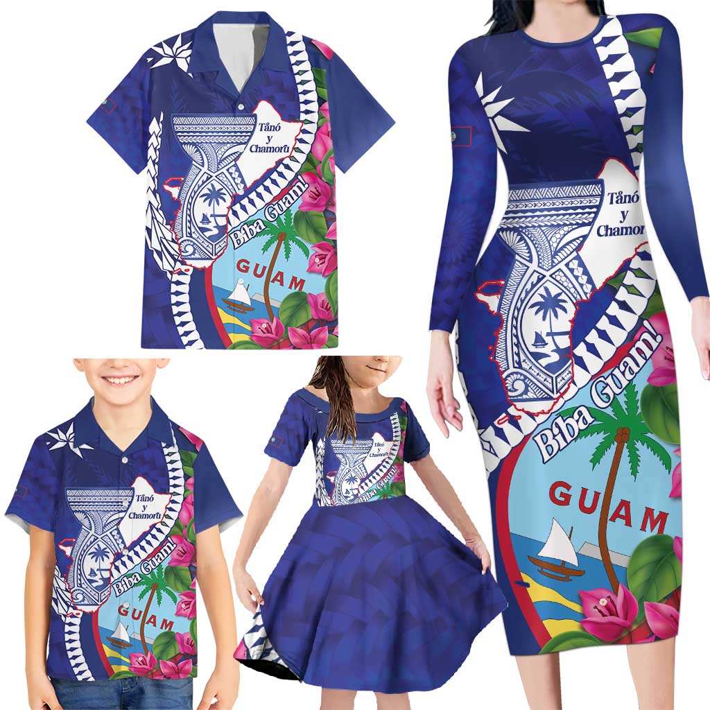 Biba Guam Liberation Day Family Matching Long Sleeve Bodycon Dress and Hawaiian Shirt Tano y Chamoru Latte Stone Blue