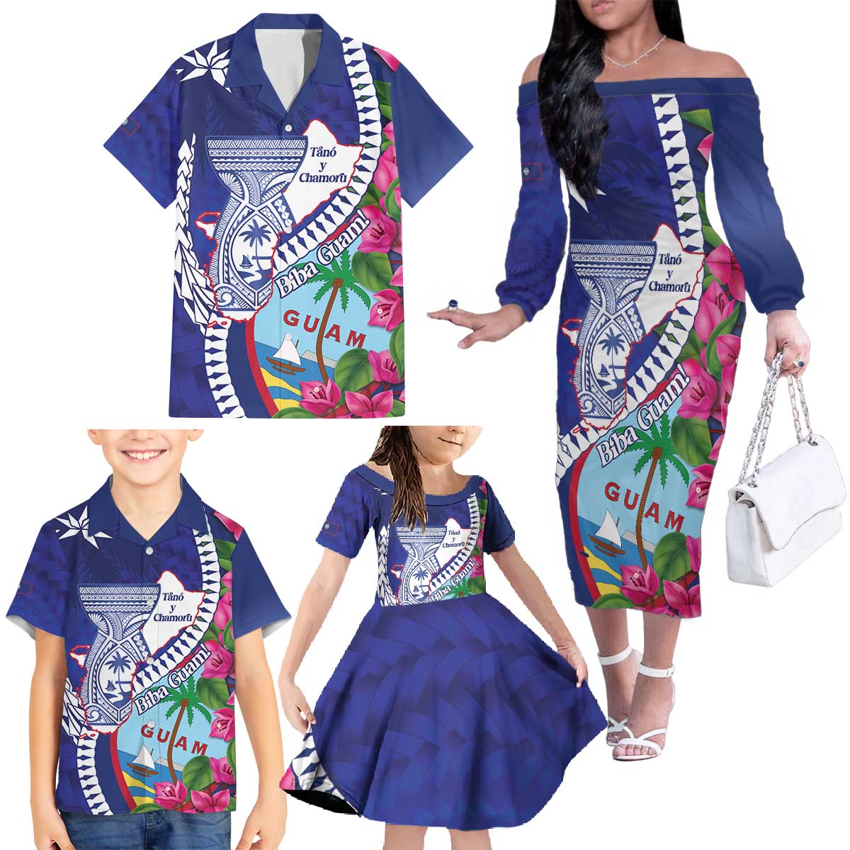 Biba Guam Liberation Day Family Matching Off The Shoulder Long Sleeve Dress and Hawaiian Shirt Tano y Chamoru Latte Stone Blue