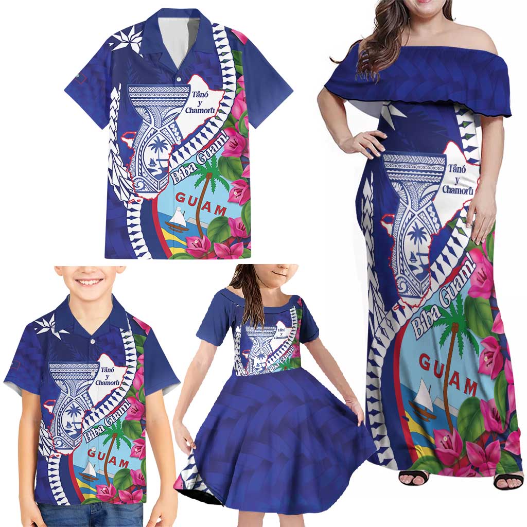 Biba Guam Liberation Day Family Matching Off Shoulder Maxi Dress and Hawaiian Shirt Tano y Chamoru Latte Stone Blue
