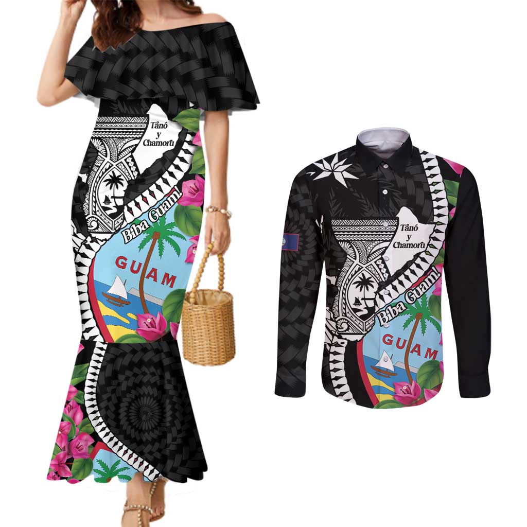 Biba Guam Liberation Day Couples Matching Mermaid Dress and Long Sleeve Button Shirt Tano y Chamoru Latte Stone Black