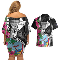 Biba Guam Liberation Day Couples Matching Off Shoulder Short Dress and Hawaiian Shirt Tano y Chamoru Latte Stone Black