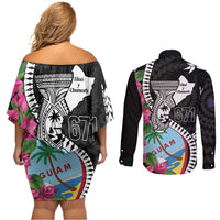 Biba Guam Liberation Day Couples Matching Off Shoulder Short Dress and Long Sleeve Button Shirt Tano y Chamoru Latte Stone Black