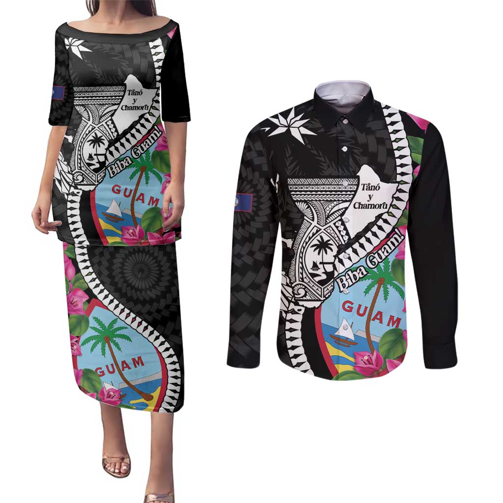 Biba Guam Liberation Day Couples Matching Puletasi and Long Sleeve Button Shirt Tano y Chamoru Latte Stone Black LT14 Black - Polynesian Pride